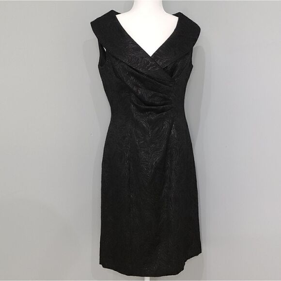 Tahari-Black Shiny PORTRAIT COLLAR Jacquard SHEATH DRESS Party Cocktail Woman 6 - Picture 1 of 16